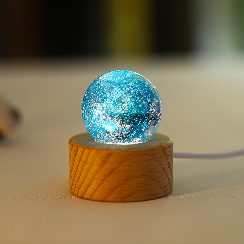 Crystal Globe LED Night Light with Wooden Base